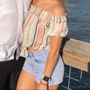 Off the shoulder multi colored striped crop top